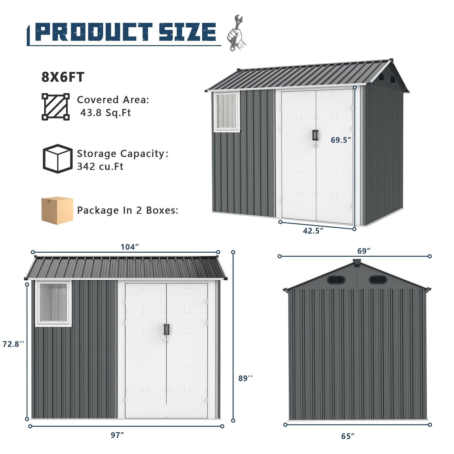 8x6 ft Metal Storage Shed with Window and Foundation