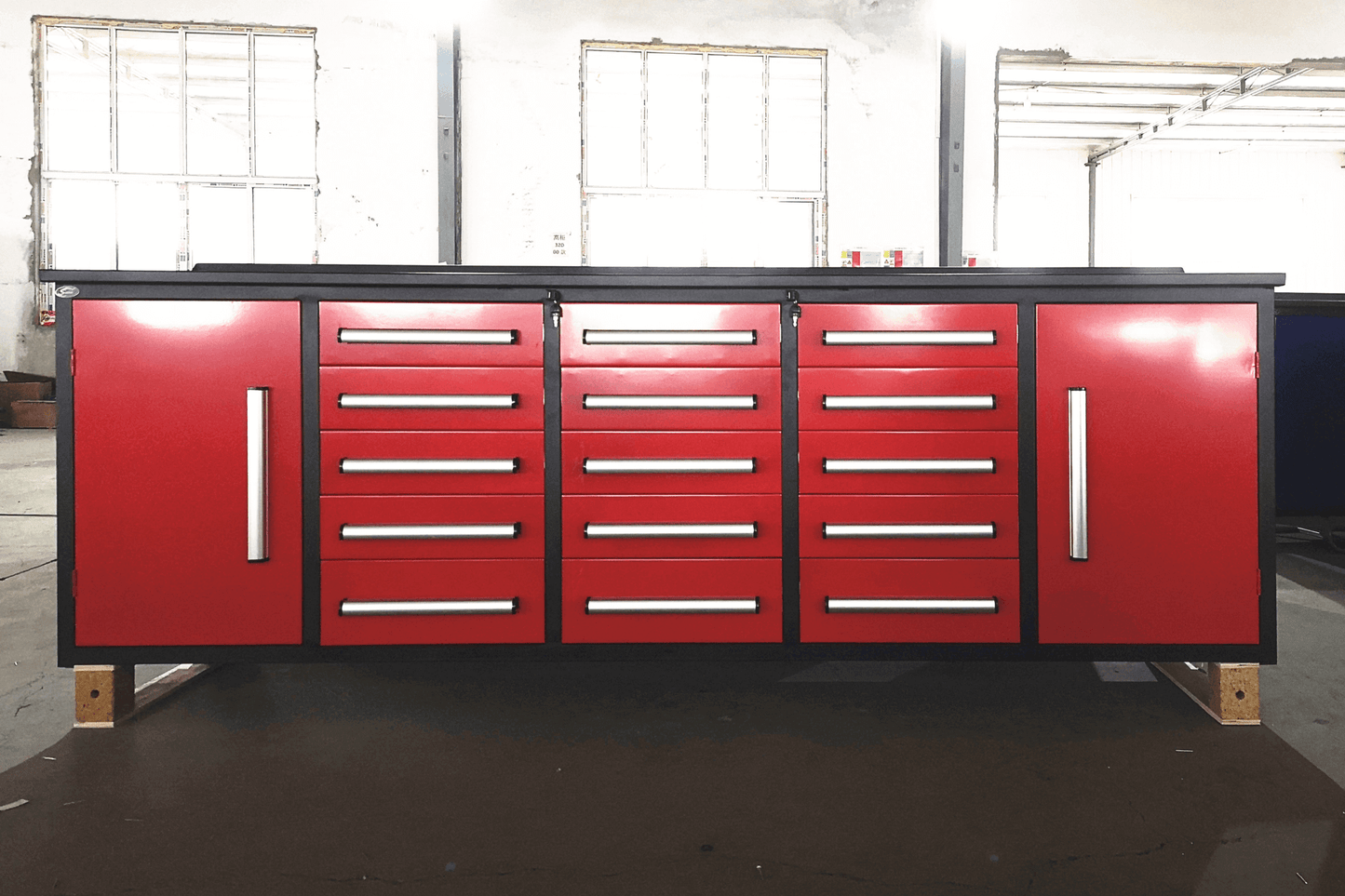 10ft Storage Cabinet with Work Bench (15 Drawers & 2 Cabinets)